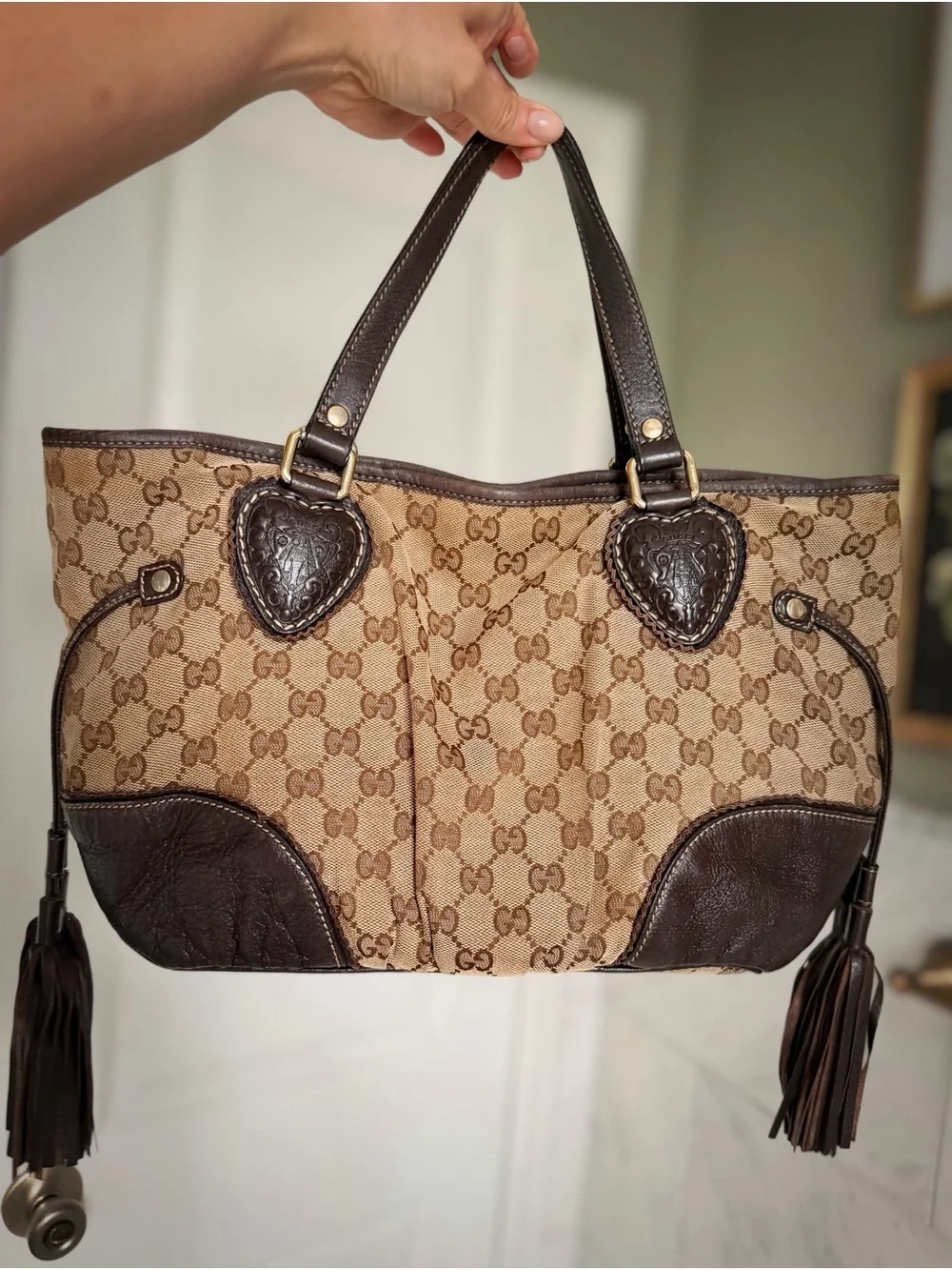Gucci Tribeca Beige and Dark Brown GG Canvas Tote with Tassels